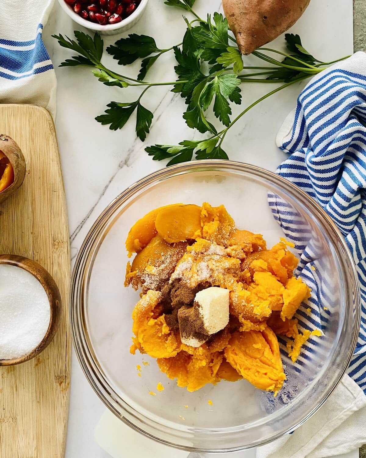 Mashed sweet potato with butter, brown sugar and cinnamon.