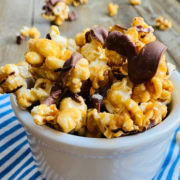 sugary popped corn with chocolate drizzle