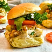 crab cake sandwiches with bacon, lettuce and tomato