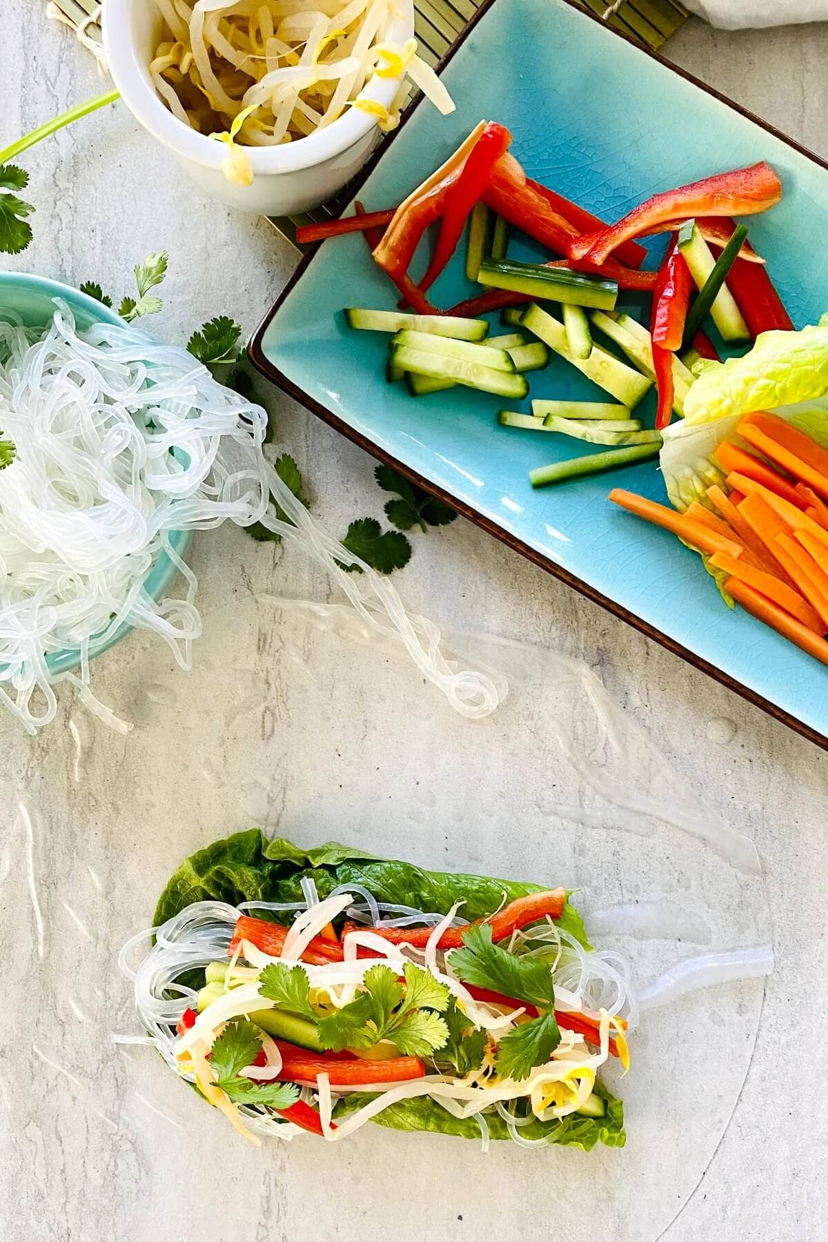Filling a rice paper wrapper with spring roll ingredients.