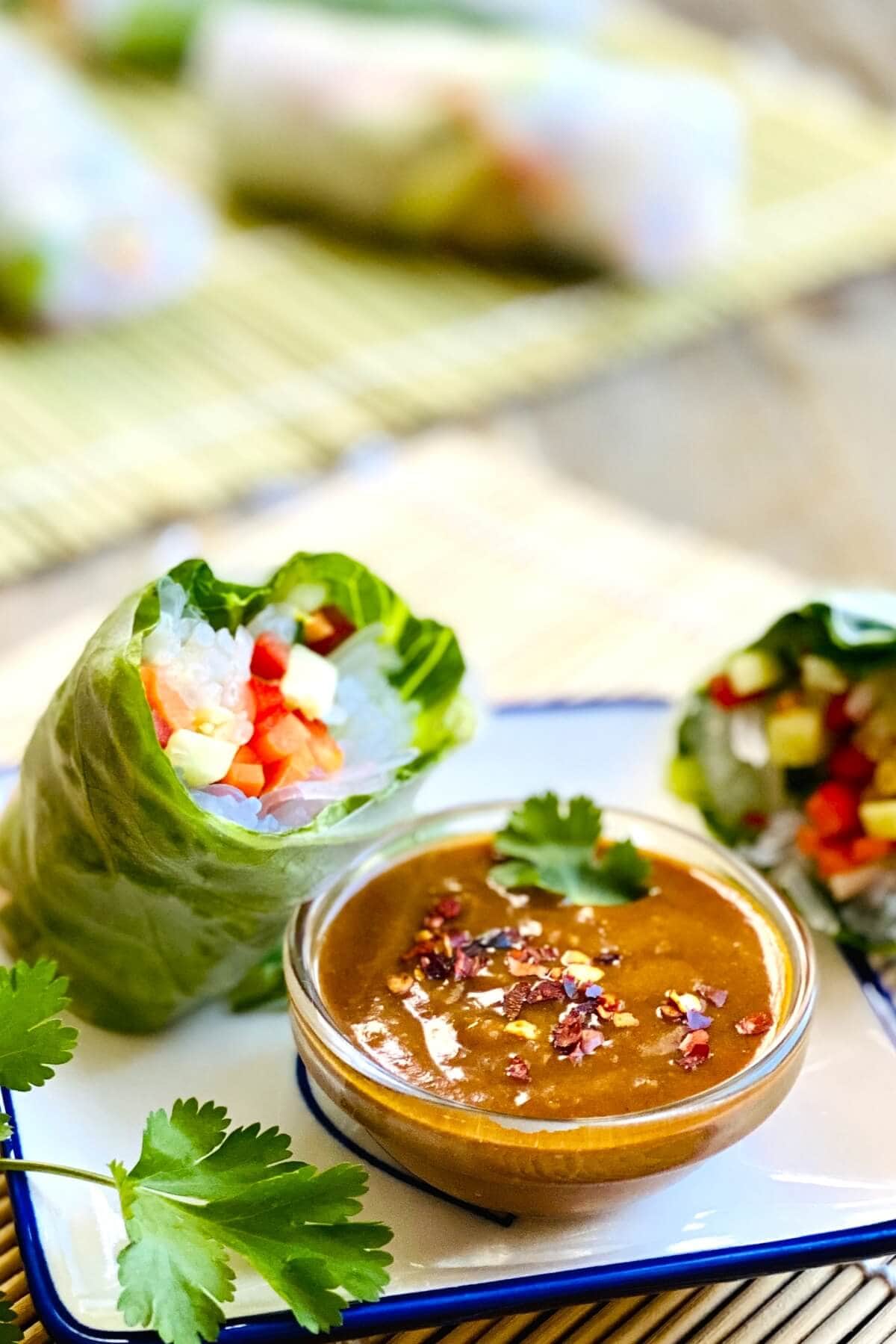 A spring roll cut in half and a bowl of peanut sauce.