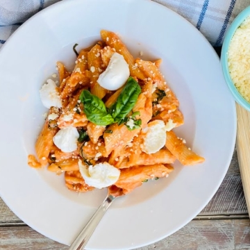 bowl of pasta with a creamy tomato sauce and fresh mozzarella