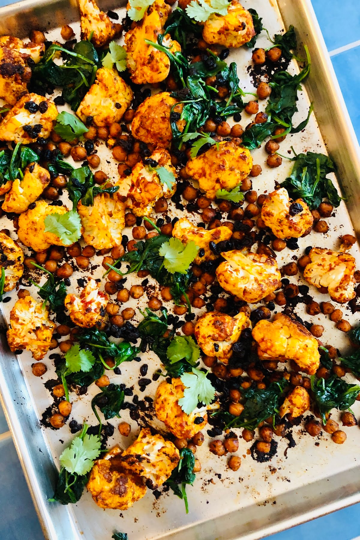 sheet pan with roasted cauliflower and chickpeas