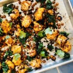 pan with roasted cauliflower and chickpeas