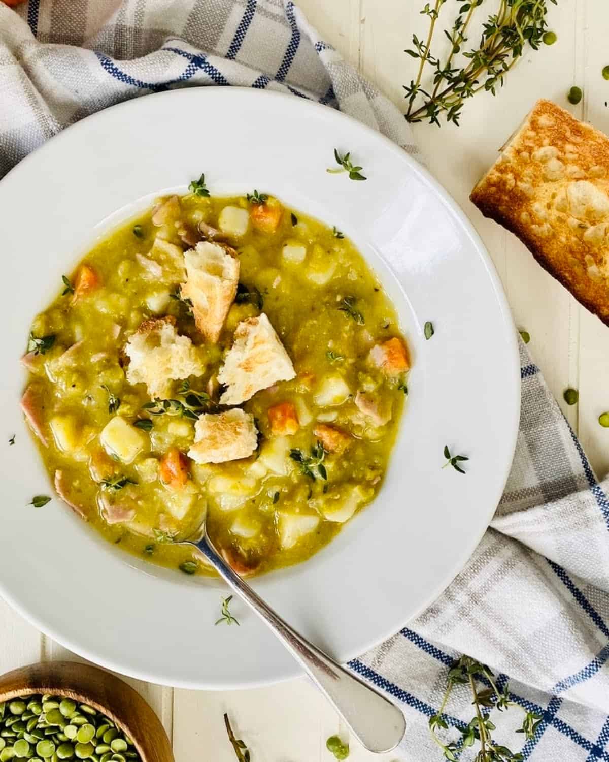 Hearty Split Pea Soup with Ham, Potatoes and Toasted Croutons