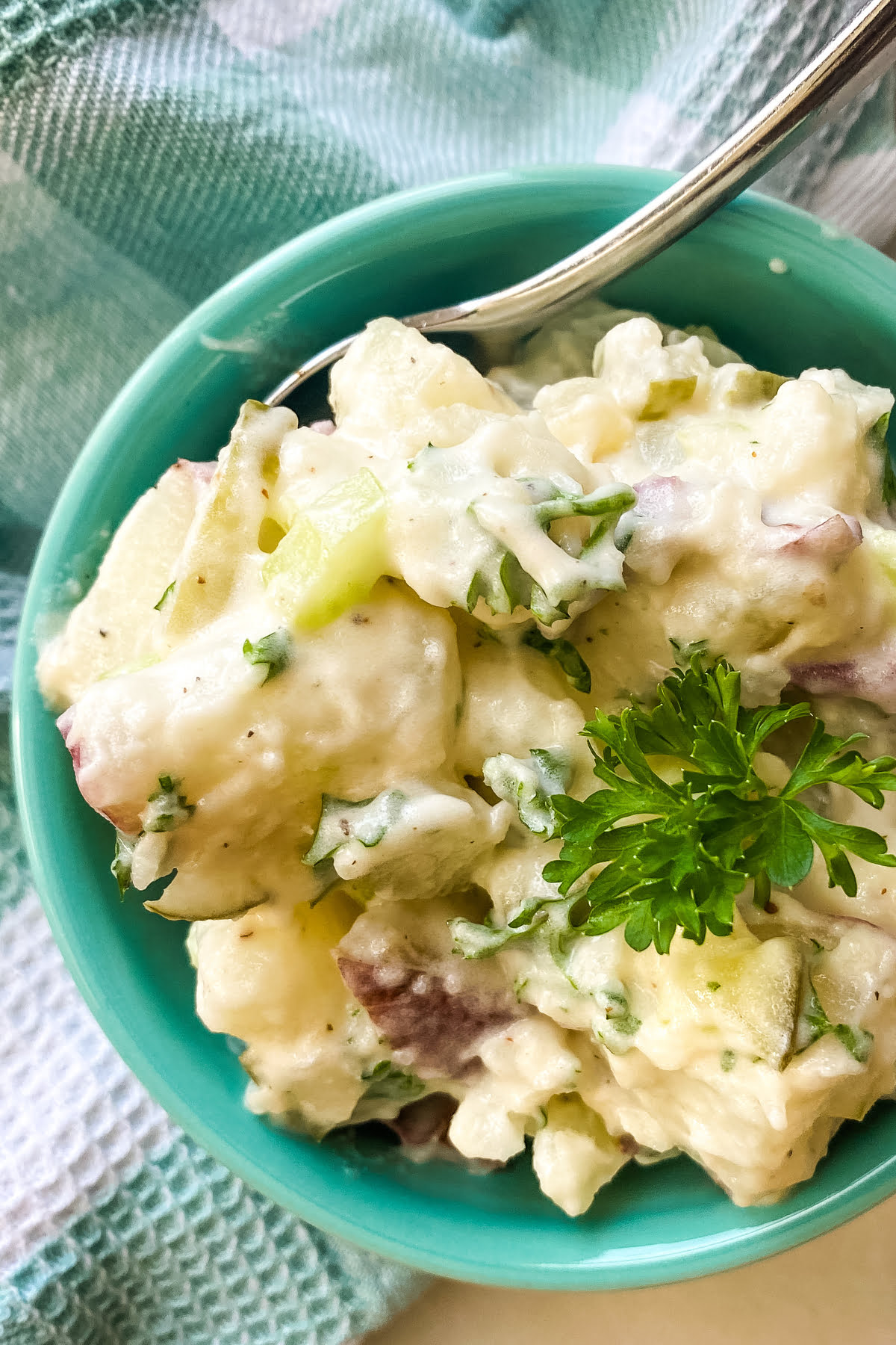 small serving of potato salad with dill pickles