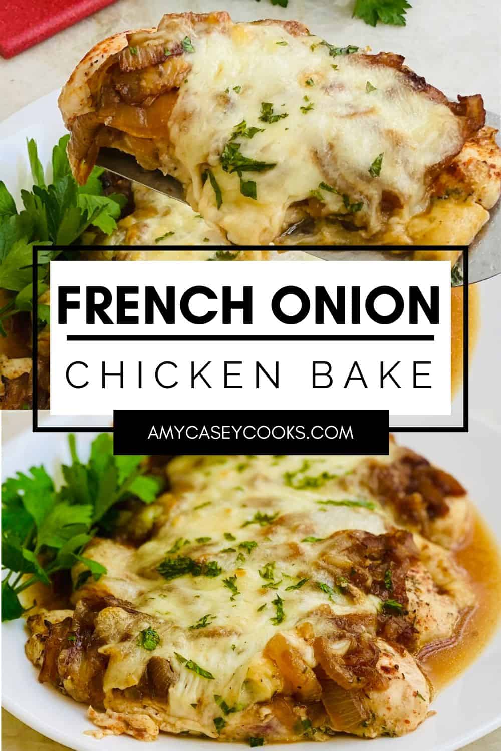 French onion chicken bake with melted cheese.