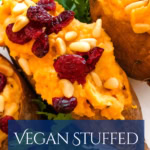 vegan stuffed sweet potatoes with cranberries and pine nuts