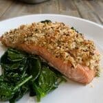 pecan crusted salmon over sauteed spinach