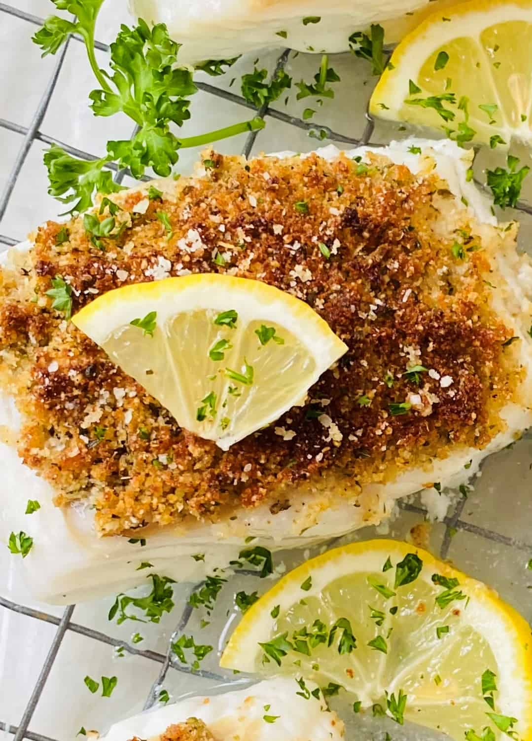 oven baked cod fish with a seasoned bread crumb and Parmesan cheese topping