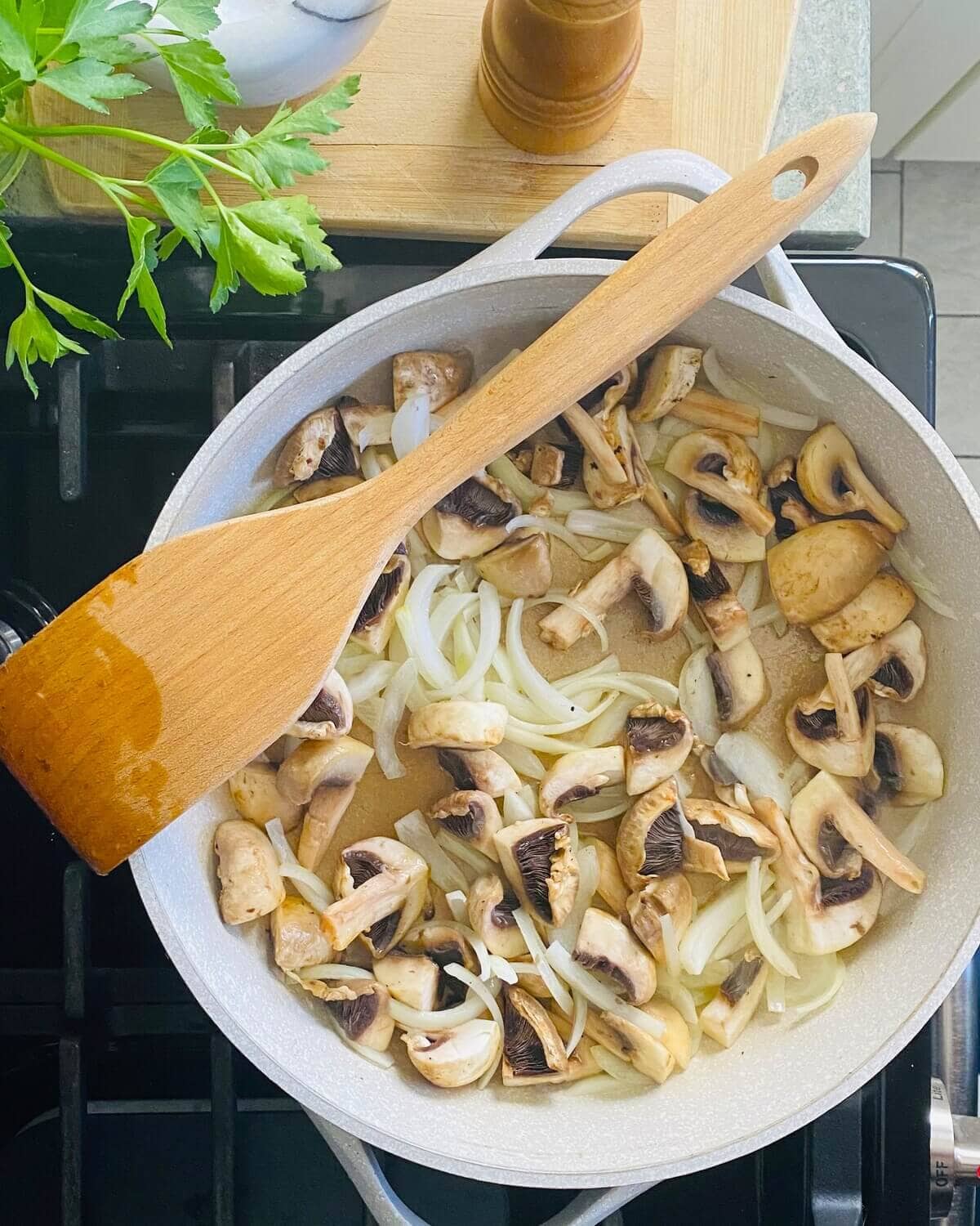 Sautéing mushrooms and onions.