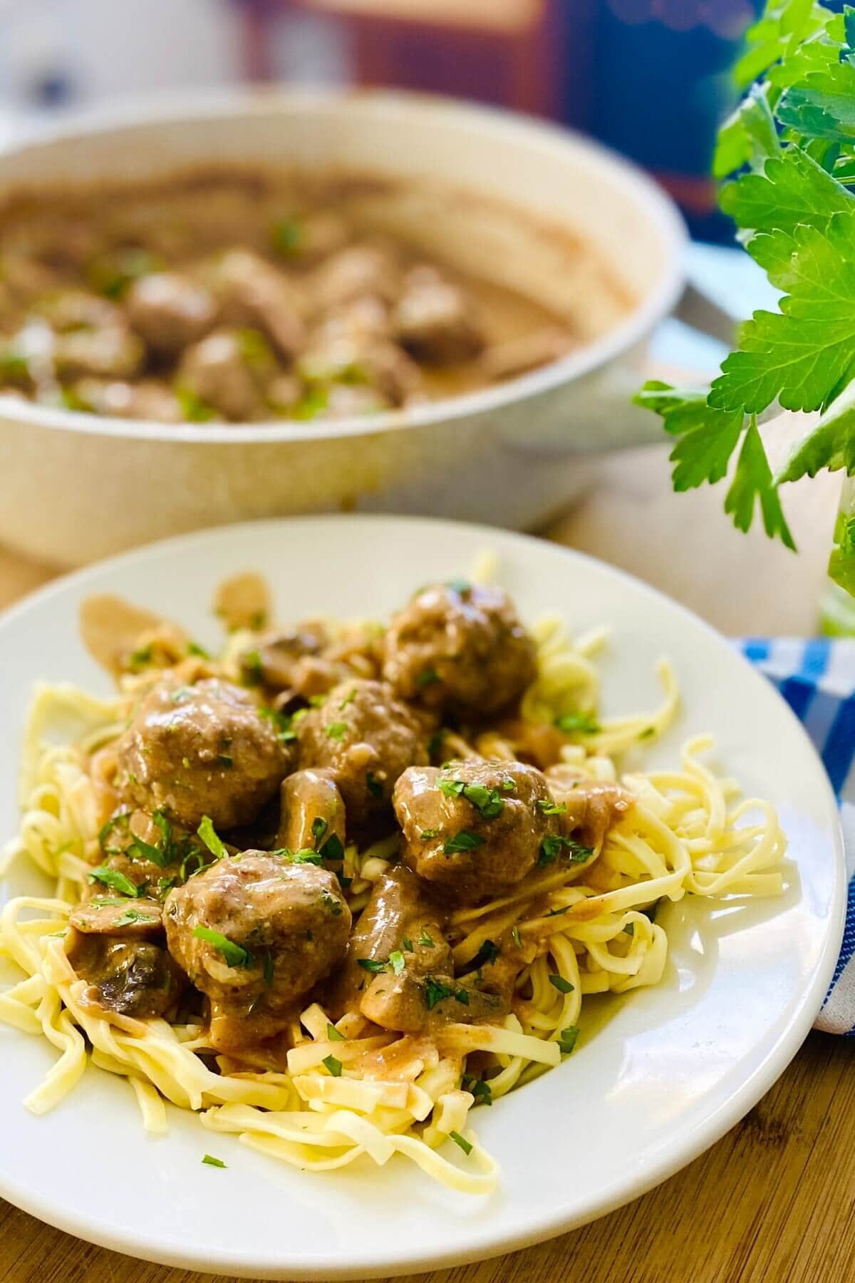 A serving of beef stroganoff with meatballs.