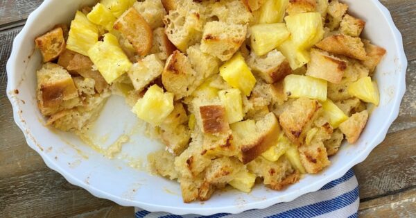 pineapple bread pudding with 1 portion taken out