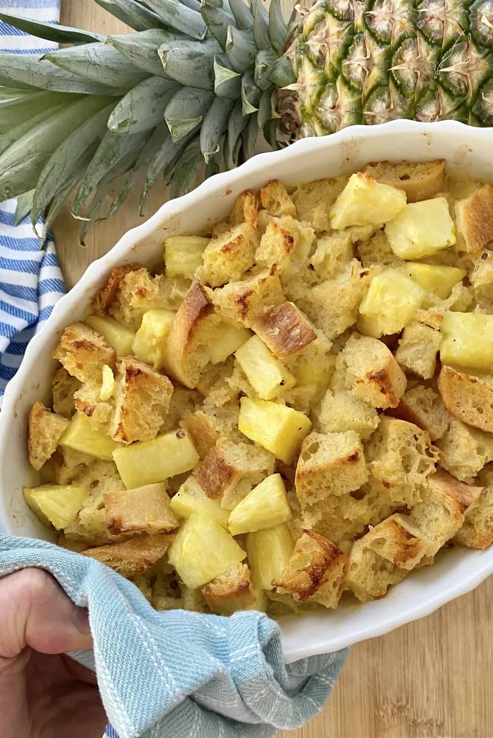 baking dish with pineapple bread pudding
