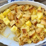 closeup of bread pudding with pineapple