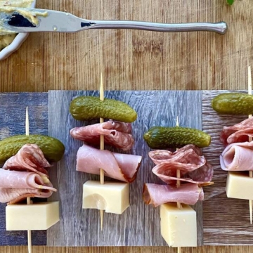 Cuban Sandwich Appetizer Skewers with ham, Swiss cheese, salami, and dill pickles