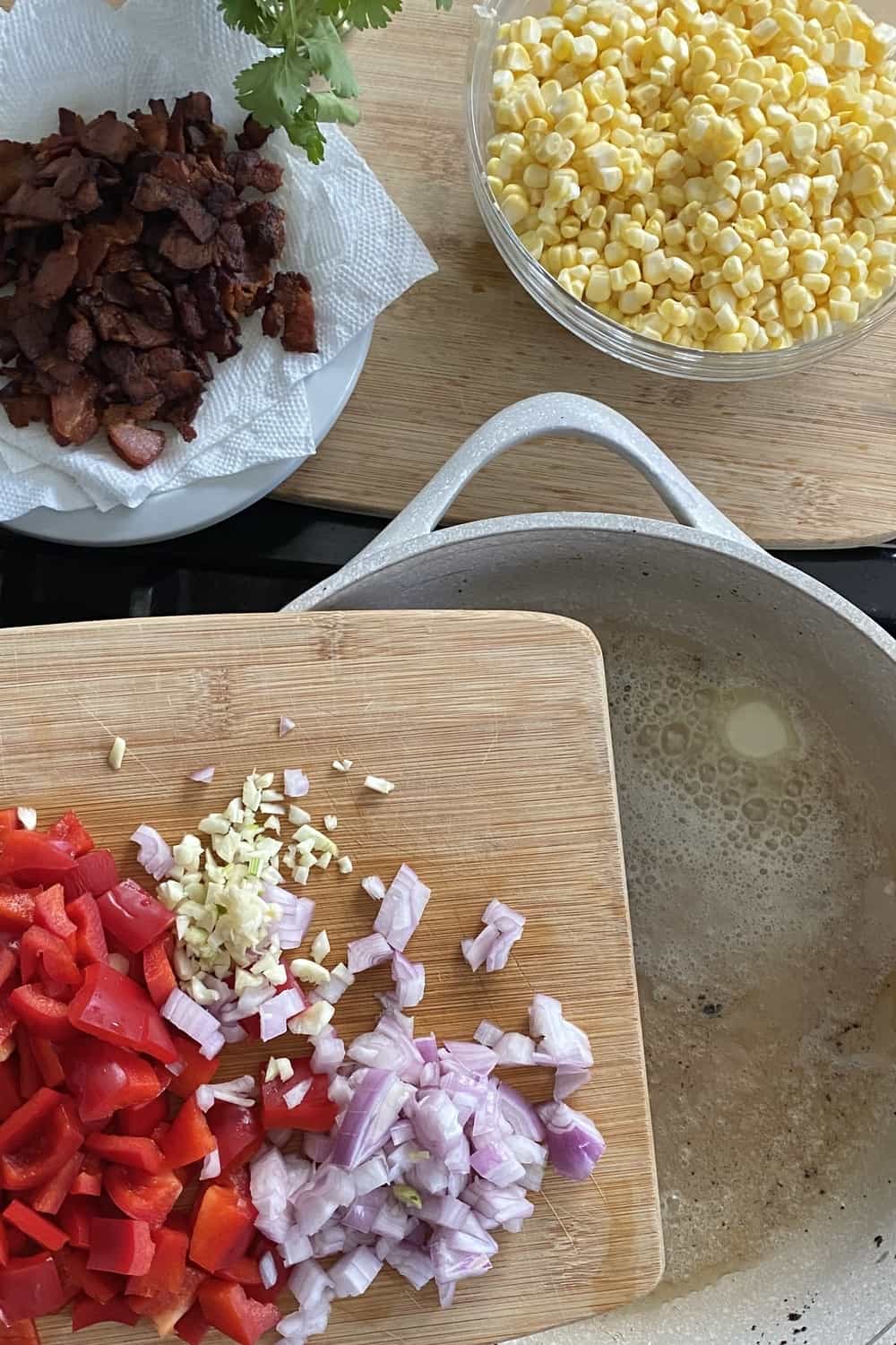 Diced red pepper, shallot and garlic.