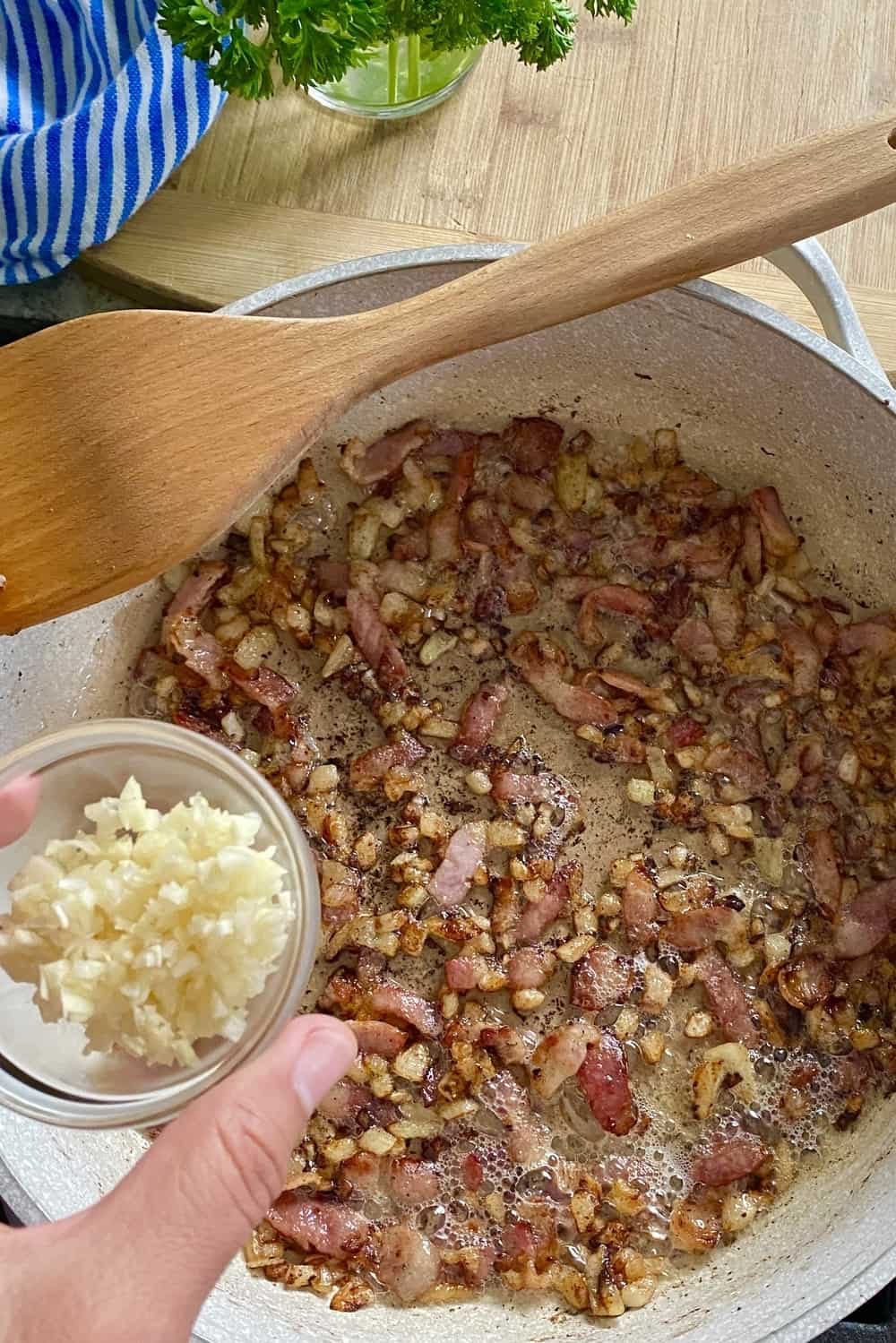 sauteed onion, bacon and garlic