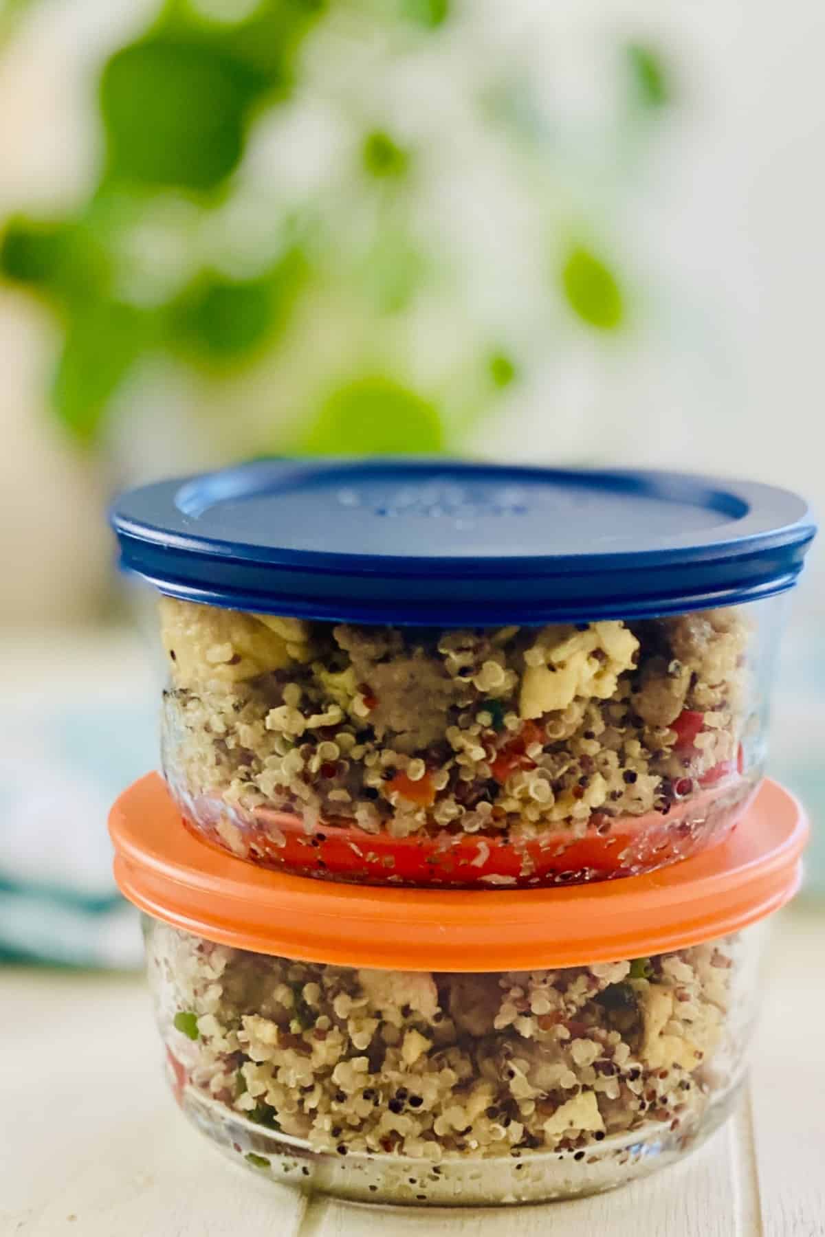 2 storage bowls with single servings of quinoa breakfast bowl.