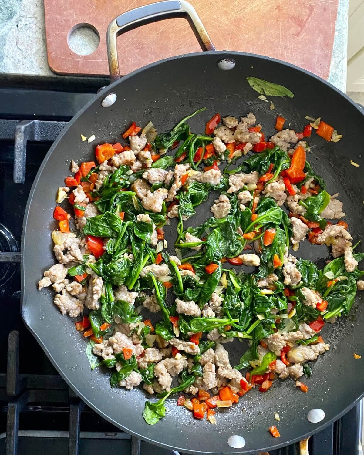 Sauteed breakfast sausage, spinach, onion and peppers.