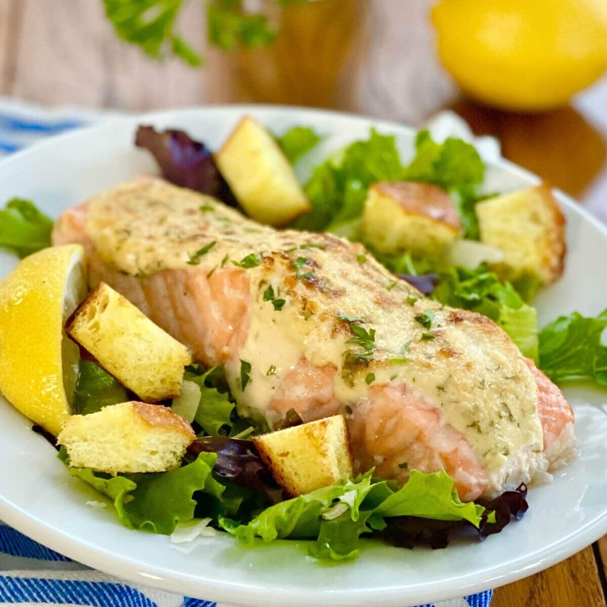 A piece of caesar salmon over mixed greens.