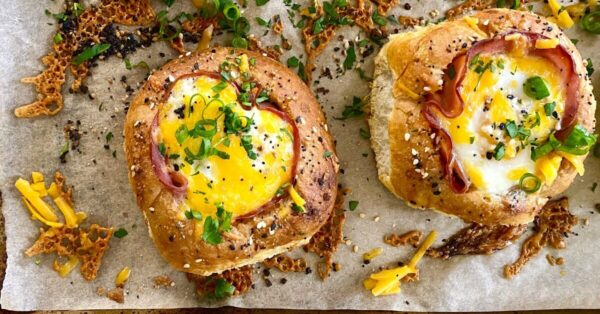 2 ham and egg sandwich bread bowls.