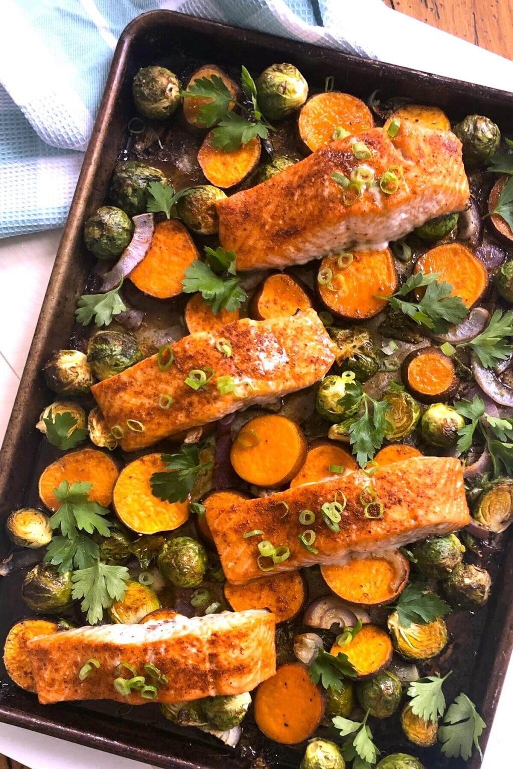 Maple Salmon Sheet Pan Dinner with Sweet Potatoes & Brussels Sprouts