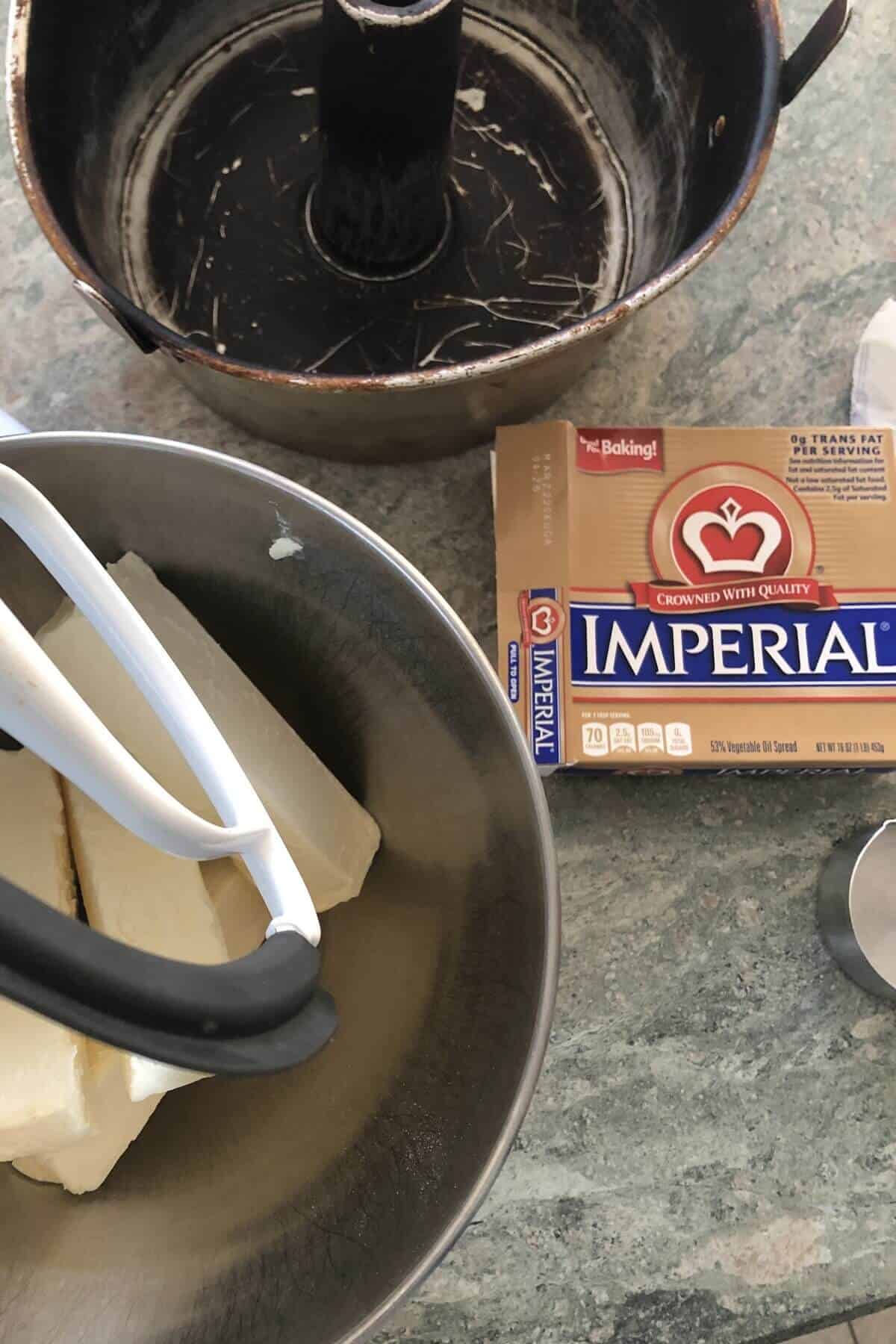 tube cake pan and Imperial margarine in a mixing bowl.