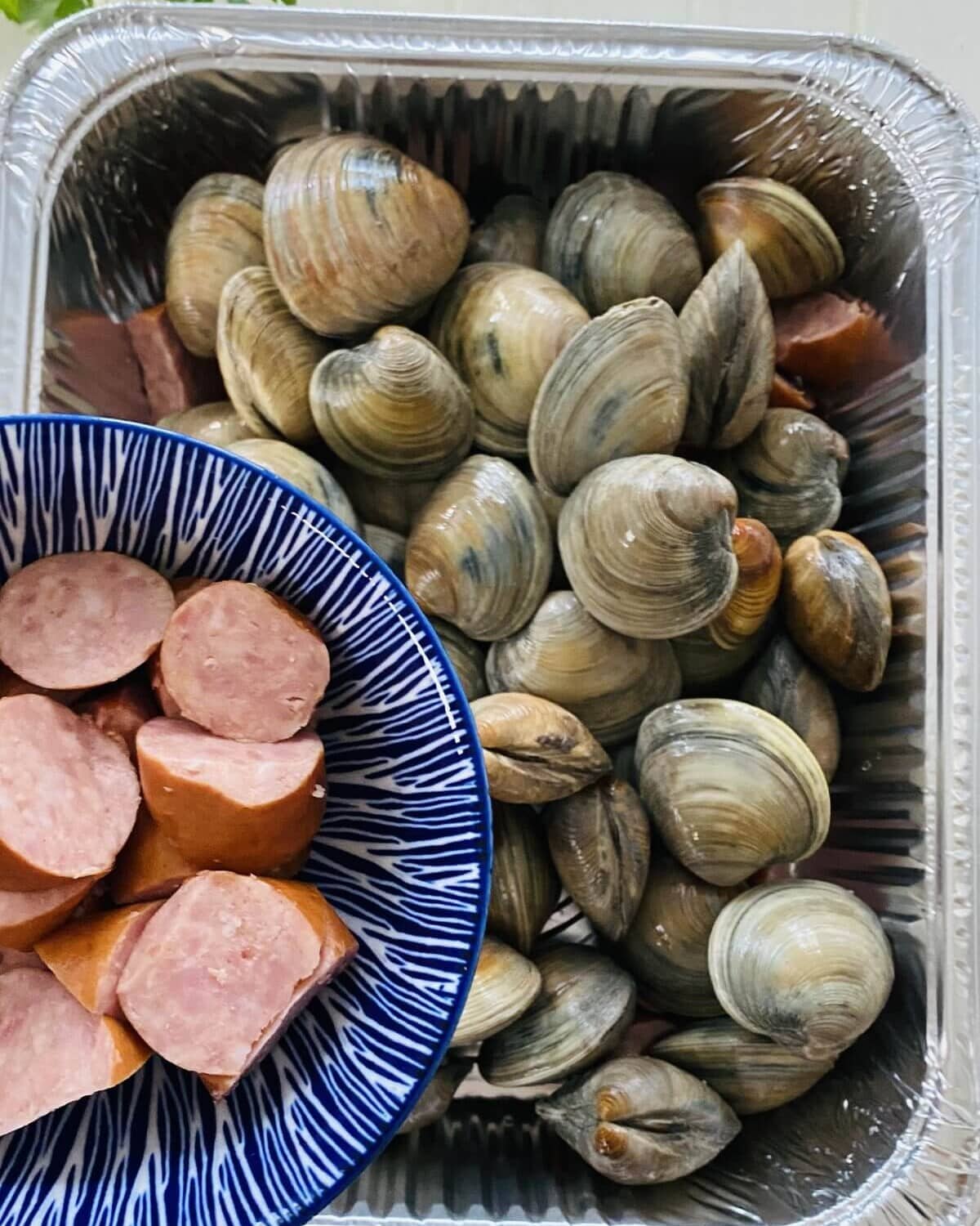 littleneck clams and kielbasa.