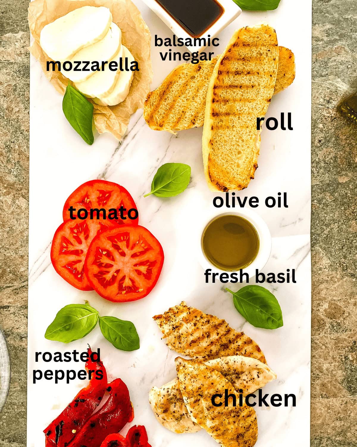 Grilled chicken, beefsteak tomatoes, fresh mozzarella, roasted red peppers, basil, balsamic vinegar, olive oil, toasted rolls.