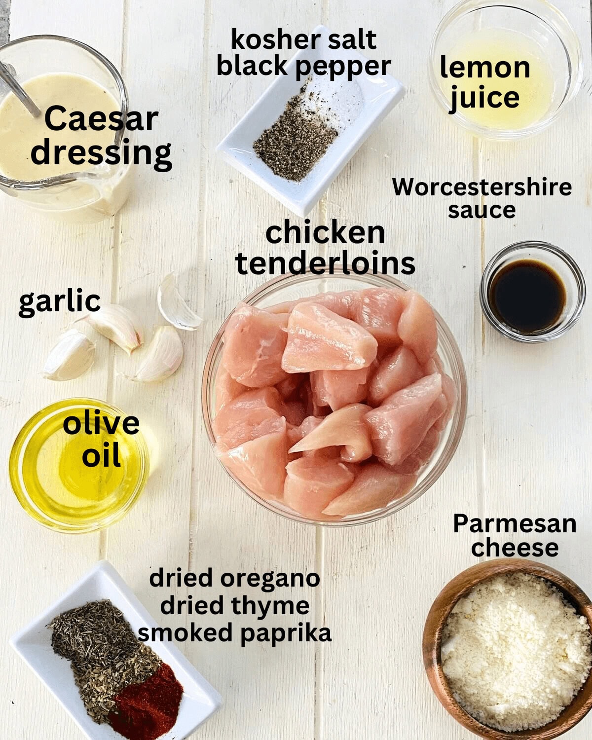 tenderloins, salt, pepper, Caesar dressing, garlic, dried herbs.