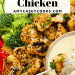 Italian herb chicken on a toothpick with dip.