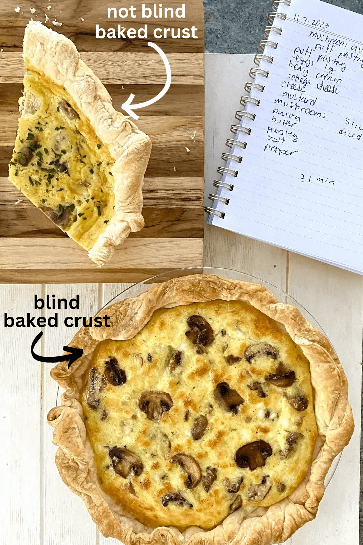 golden brown blind baked crust vs. pale non blind baked crust.