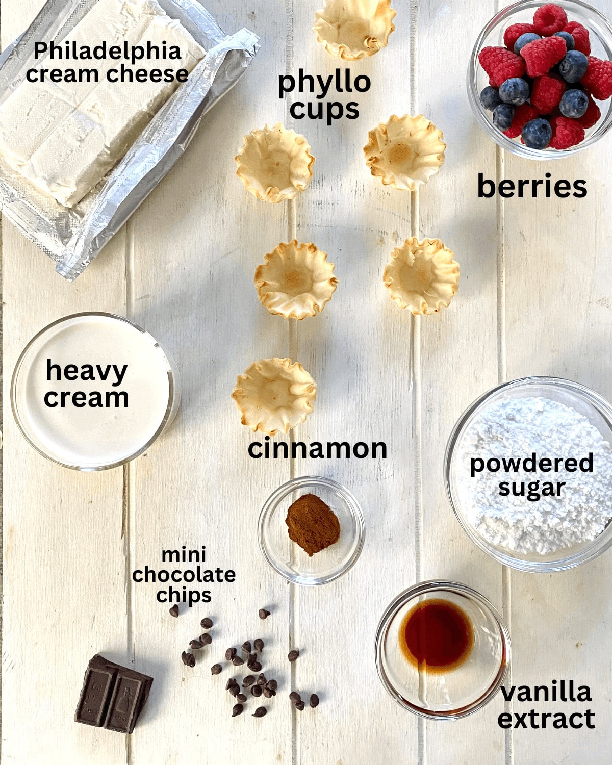 Cream cheese, powdered sugar, cinnamon, vanilla, chocolate chips, berries, phyllo cups.