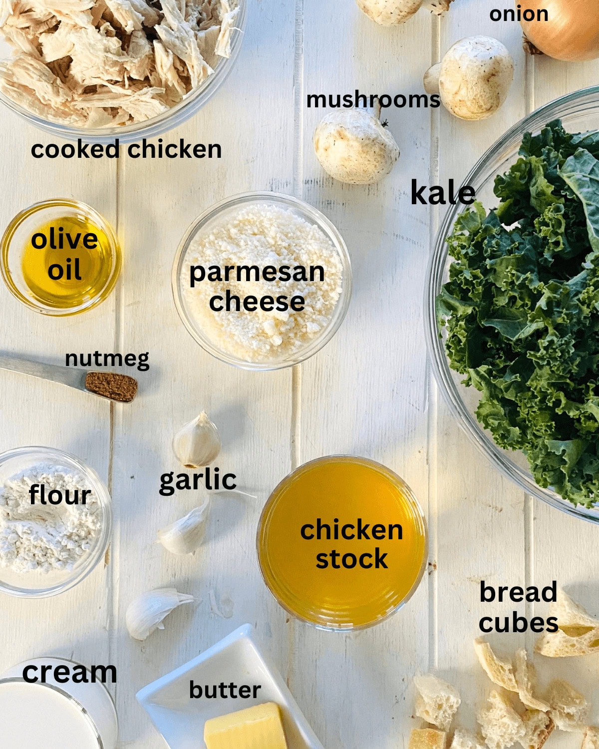 cooked chicken, kale, flour, mushrooms, cream, chicken stock, parmesan cheese.