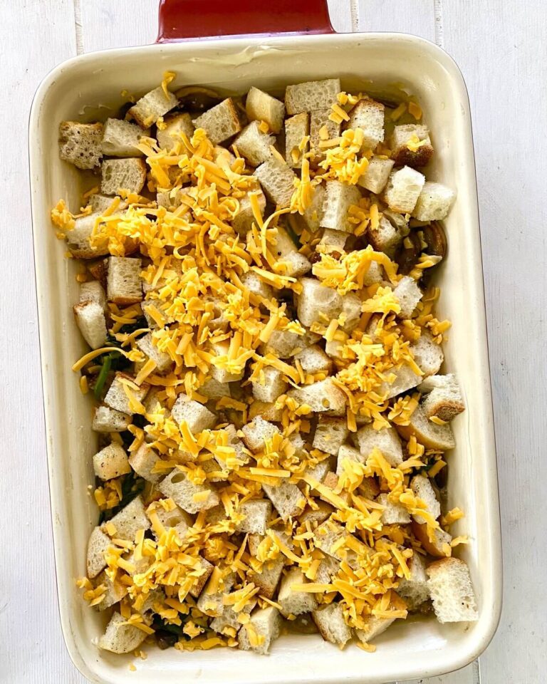 Breakfast Egg Casserole with Croutons, Sausage, Mushrooms and Spinach