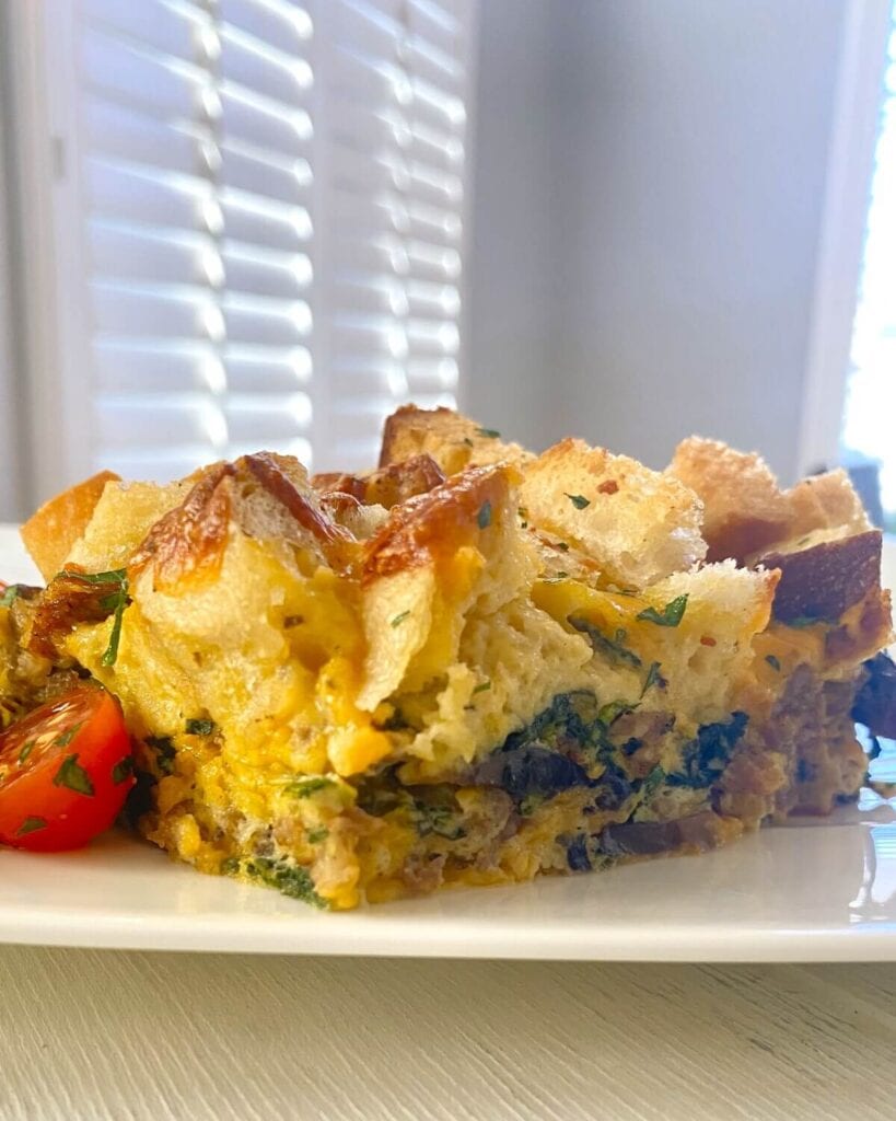 Breakfast Egg Casserole with Croutons, Sausage, Mushrooms and Spinach
