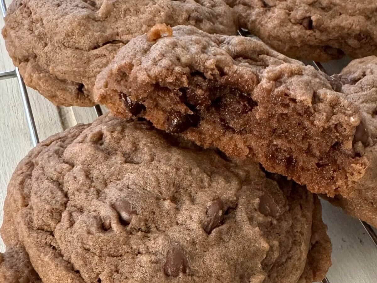 closeup of the inside of a chocolate pudding cookie.