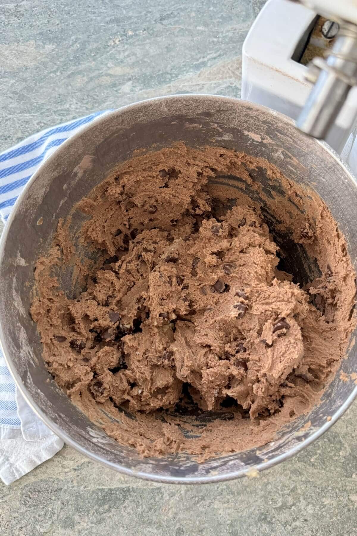 Chocolate chocolate chip cookie dough in a bowl.