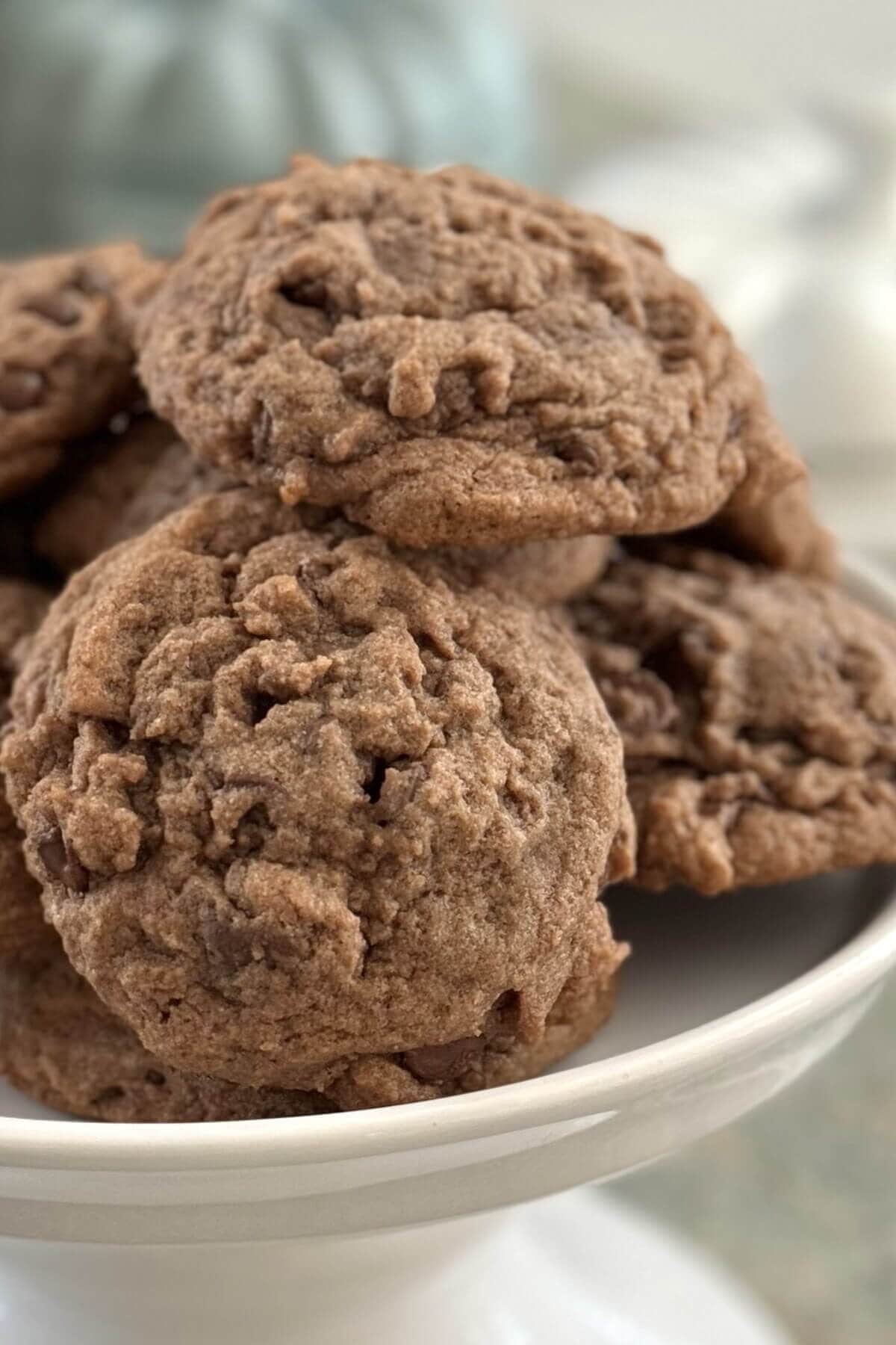 A stack of chocolate chocolate chip pudding cookies.