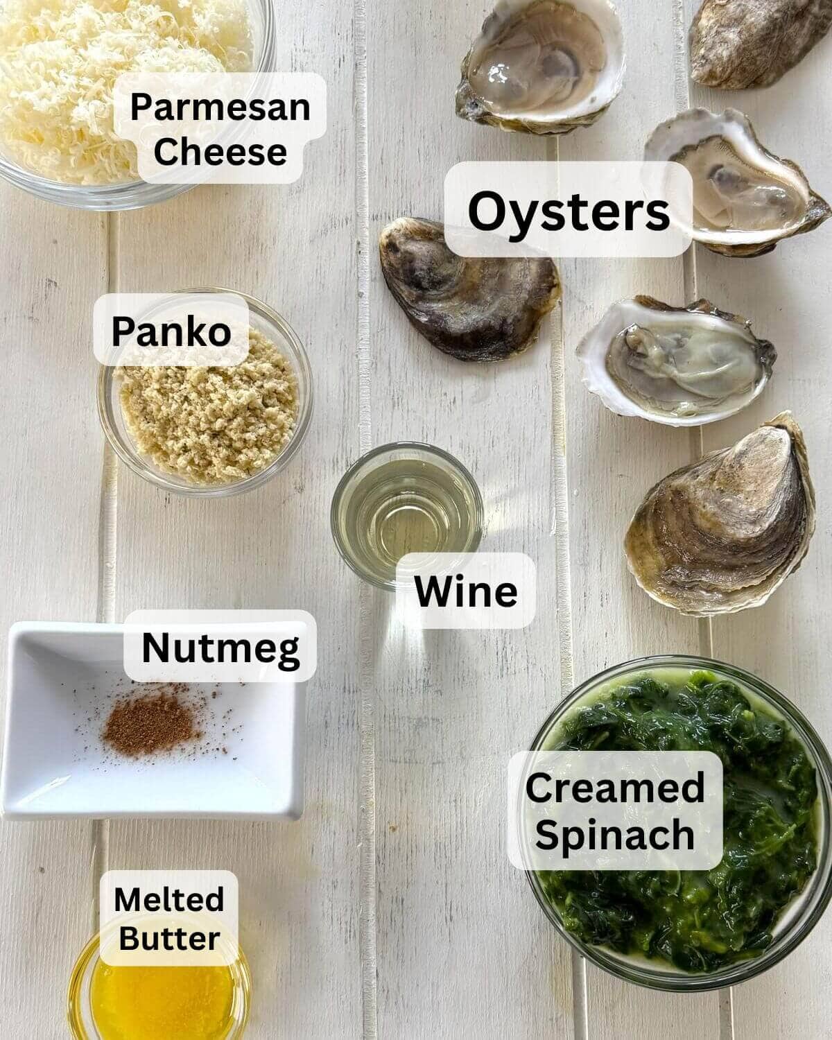 Oysters Rockefeller ingredients including shucked oysters, creamed spinach, Parmesan cheese, panko, melted butter, white wine, nutmeg.