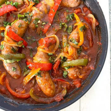 One pan Italian sausage and peppers with onions.