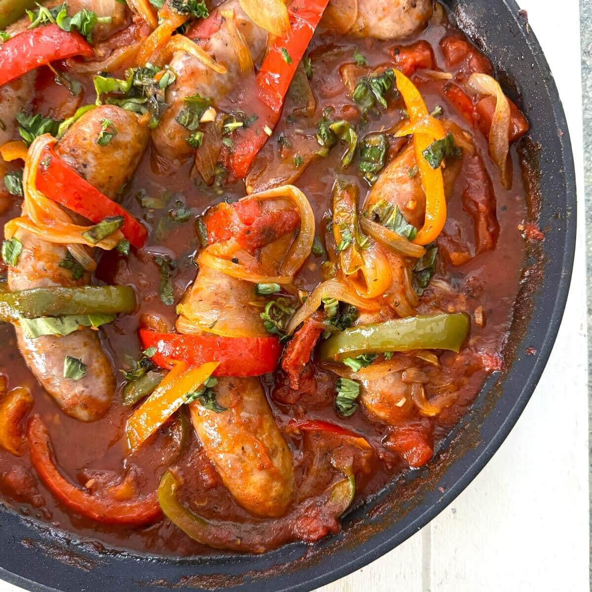 One pan Italian sausage and peppers with onions.